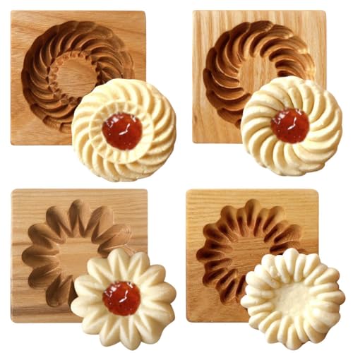 Lot de 4 moules à biscuits en bois sculpté - Moules à biscui
