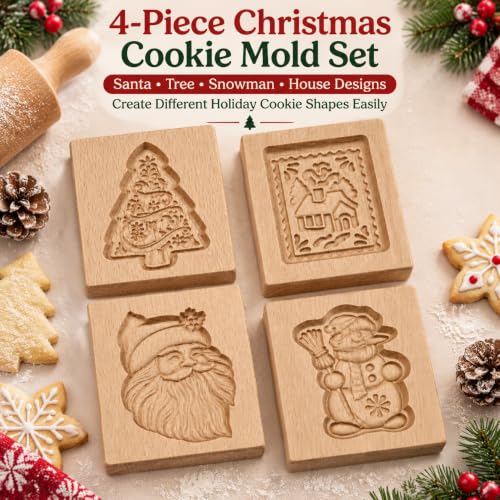 Rebanky 4 Pcs Moule à Biscuits en Bois de Noël Moules à Pâti